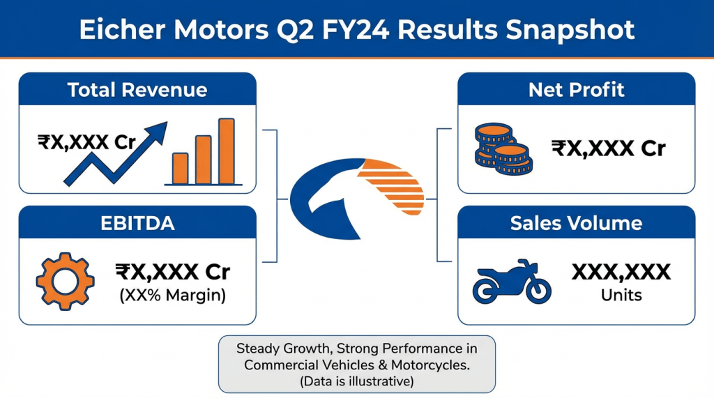Eicher Motors Q2 FY24 Results: Total Revenue ₹X,XXX Cr, Net Profit ₹X,XXX Cr, EBITDA ₹X,XXX Cr (XX% Margin), Sales Volume XXX,XXX Units.