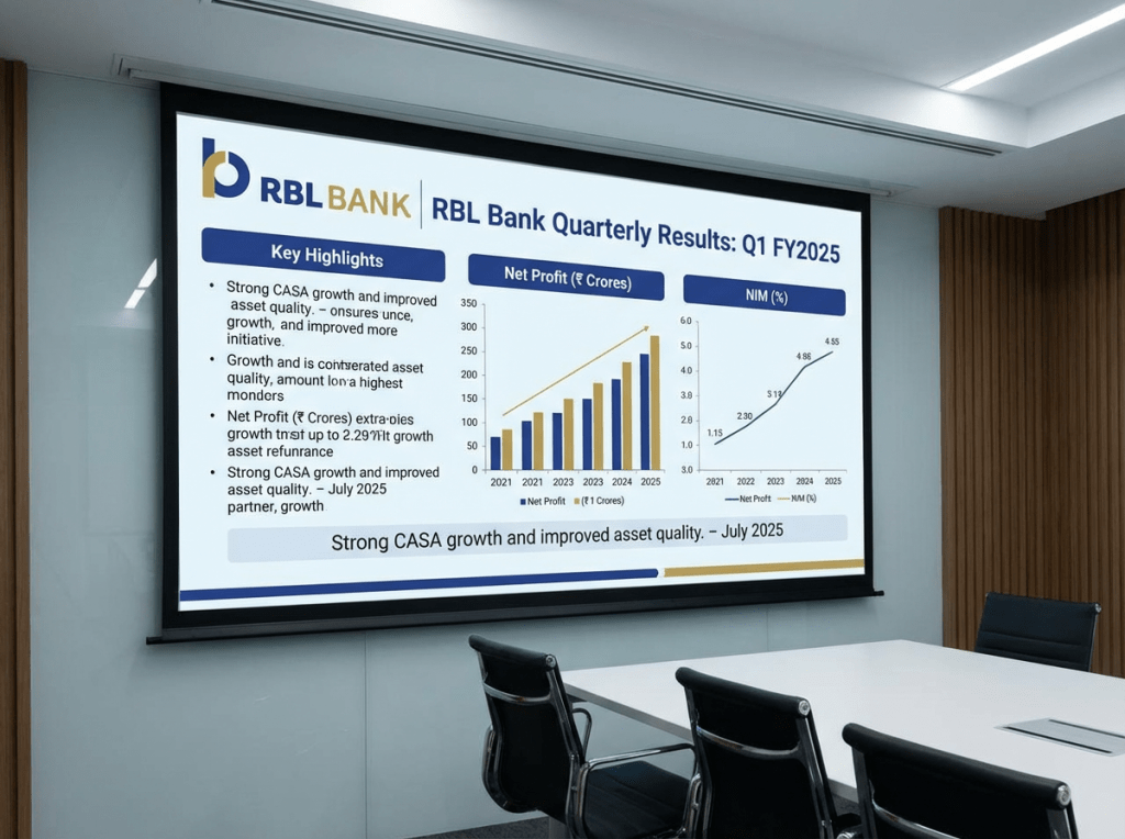 RBL Bank Quarterly Results: Q1 FY2025 presentation showing key highlights, net profit growth, and NIM trends.