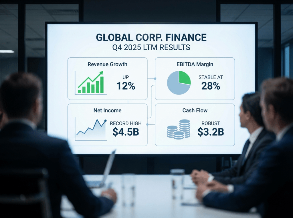 GLOBAL CORP. FINANCE Q4 2025 LTM RESULTS showing Revenue Growth UP 12%, EBITDA Margin STABLE AT 28%, Net Income RECORD HIGH $4.5B, Cash Flow ROBUST $3.2B.