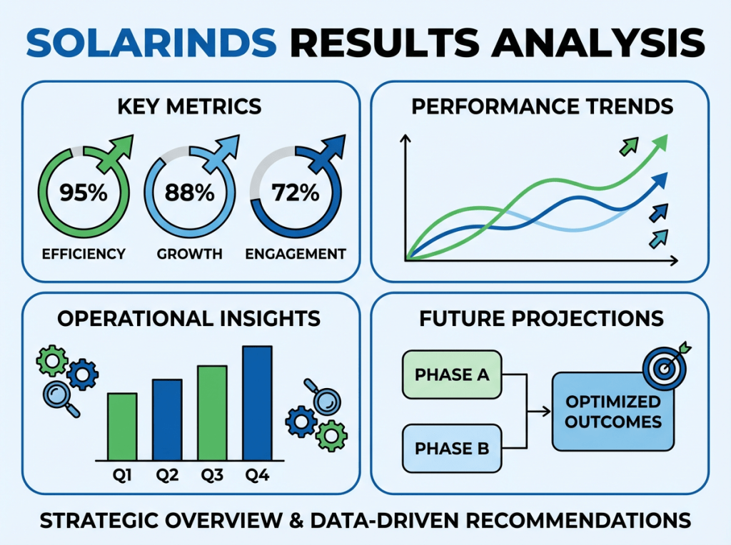 SOLARINDS RESULTS ANALYSIS infographic showing 95% efficiency, 88% growth, 72% engagement, performance trends, quarterly insights, and future projections.