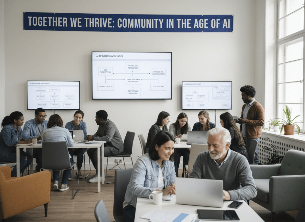 Diverse group in AI workshop below banner: TOGETHER WE THRIVE: COMMUNITY IN THE AGE OF AI.