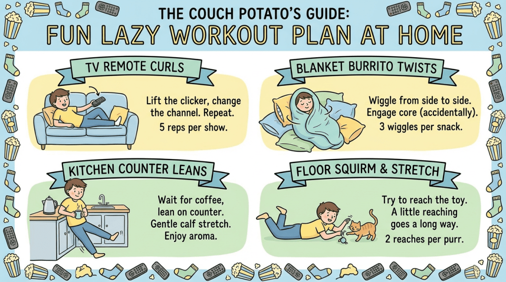 THE COUCH POTATO’S GUIDE: FUN LAZY WORKOUT PLAN AT HOME. TV REMOTE CURLS: Lift the clicker, change the channel. Repeat. 5 reps per show. BLANKET BURRITO TWISTS: Wiggle from side to side. Engage core (accidentally). 3 wiggles per snack. KITCHEN COUNTER LEANS: Wait for coffee, lean on counter. Gentle calf stretch. Enjoy aroma. FLOOR SQUIRM & STRETCH: Try to reach the toy. A little reaching goes a long way. 2 reaches per purr.