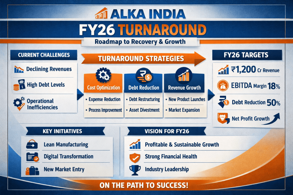 Alka India FY26 turnaround plan with challenges, strategies, targets, key initiatives, and vision.