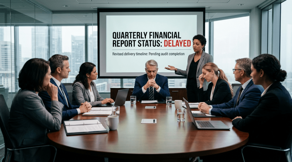 Business team in a conference room reviewing delayed quarterly financial report status