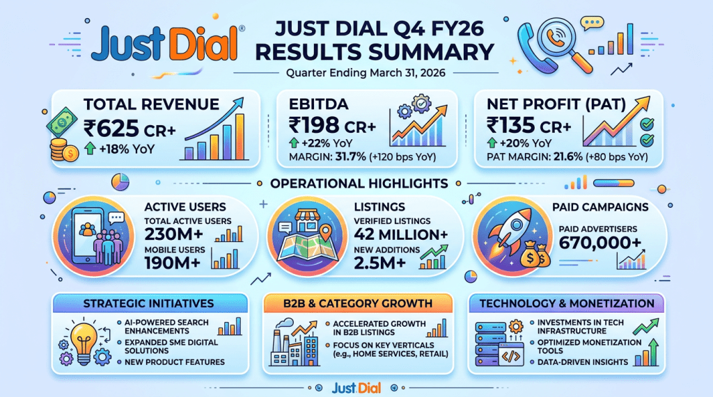 Just Dial Q4 FY26 results summary showing total revenue ₹625 crore+, EBITDA ₹198 crore+, net profit ₹135 crore+, with operational highlights and strategic initiatives.