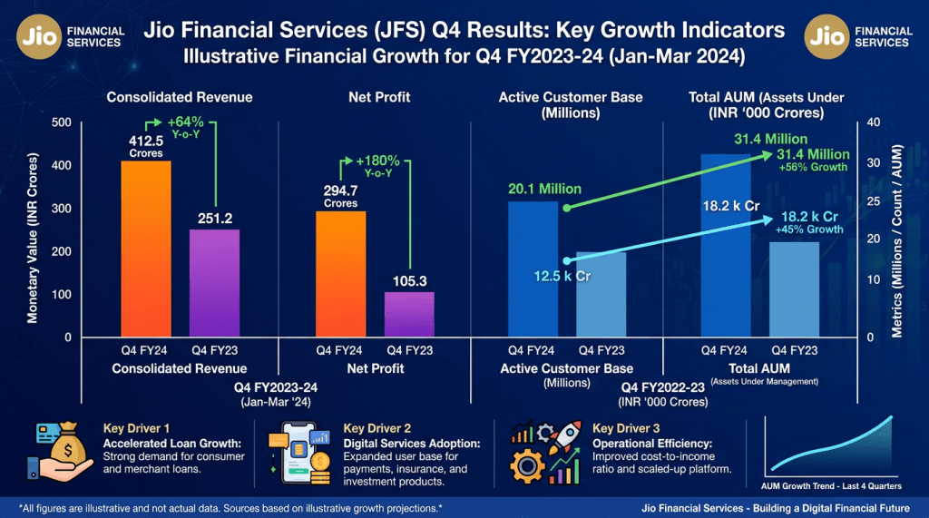 Bar charts of Jio Financial Services Q4 FY24 consolidated revenue, net profit, active customer base, and total AUM with percentage growth indicators