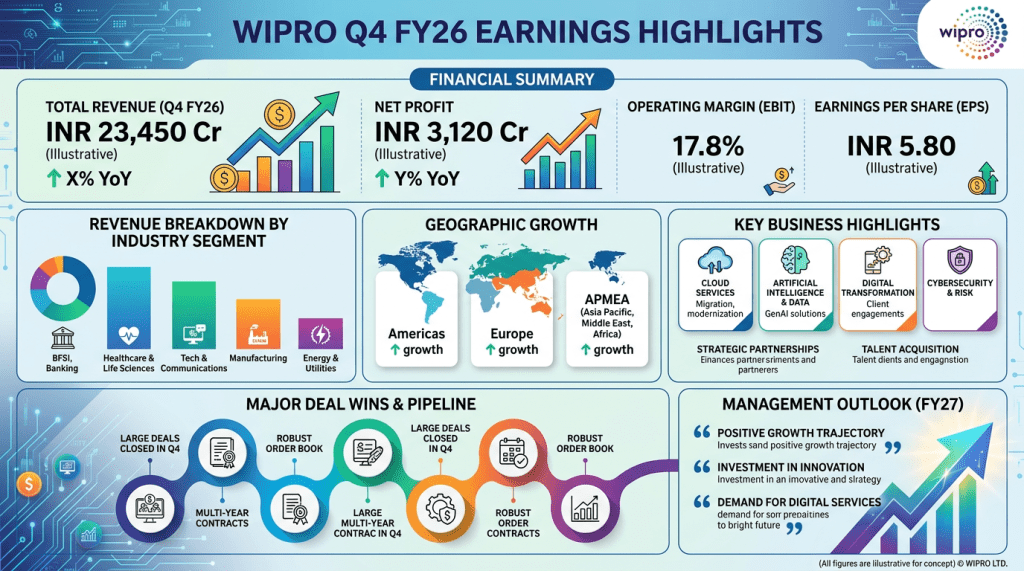 Wipro Q4 FY26 earnings summary with revenue, profit, margins, industry segments, geographic growth, and key business highlights