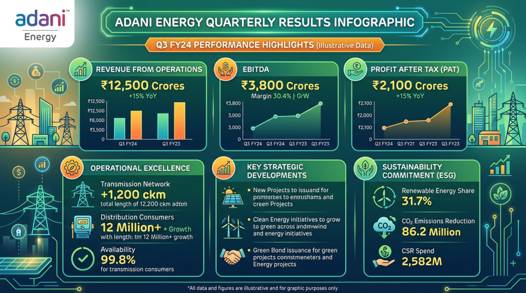 Adani Energy quarterly report infographic showing revenue, EBITDA, profit, operational metrics, strategic developments, and sustainability commitments for Q3 FY24