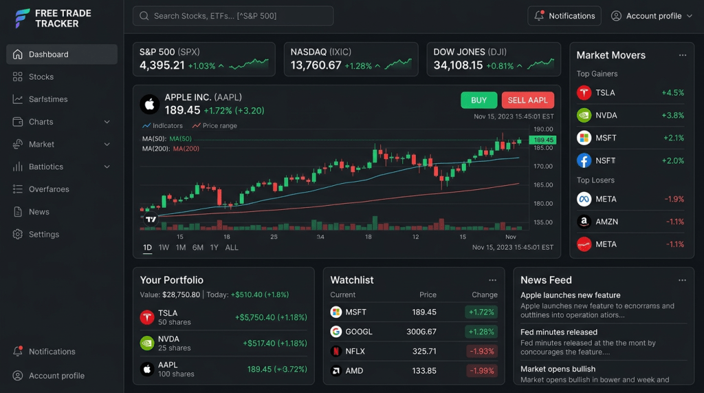 Stock market dashboard with S&P 500, NASDAQ, Dow Jones indices, Apple stock chart, portfolio holdings, watchlist, and market news